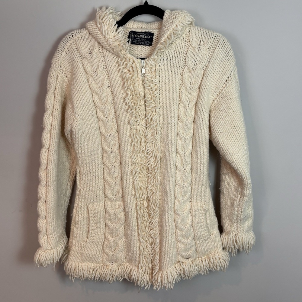 Sisandia Women's White Handknit Chunky Cable Knit Hooded 100% Wool Cardigan Sm
